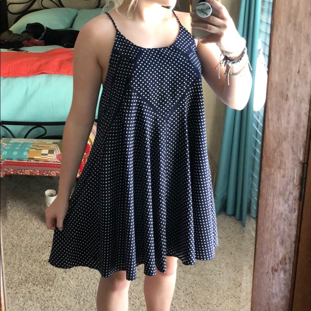 Blue and white polka dot dress